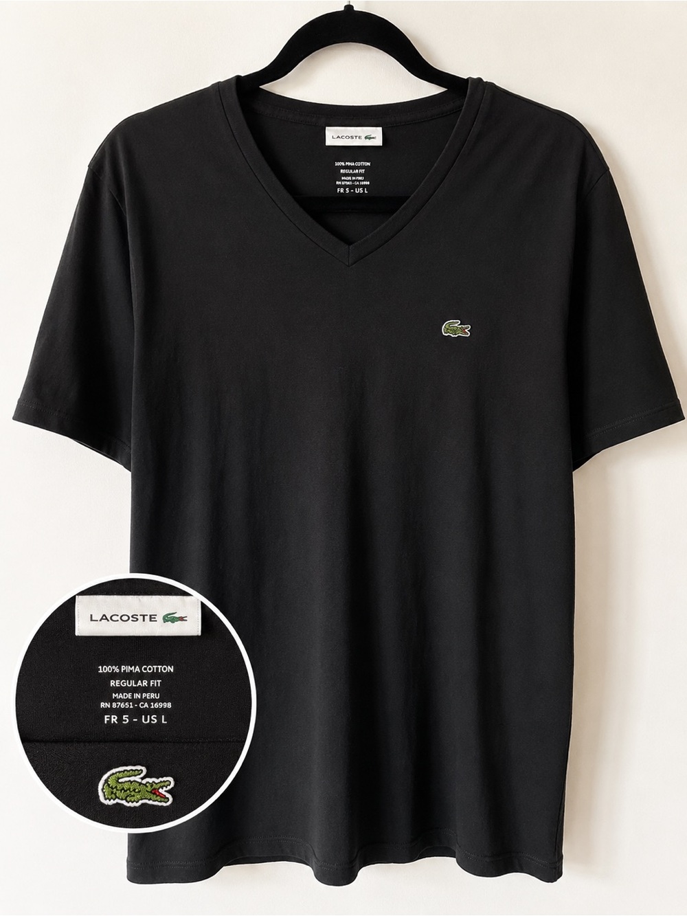 Lacoste Men’s Black V-Neck T-Shirt – Size L – Pima Cotton